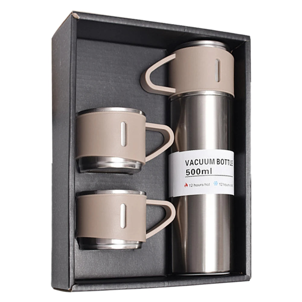طقم ترمس حراري 500 مل مع 3 أكواب ستانلس ستيل - Ensemble Thermos 500ml avec 3 Tasses Thermiques en Acier Inoxydable