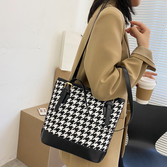 حقيبة كتف نسائية مبطنة بتصميم مربعات عتيق سعة كبيرة - Sac à bandoulière pied-de-poule Vintage pour femmes grande capacité