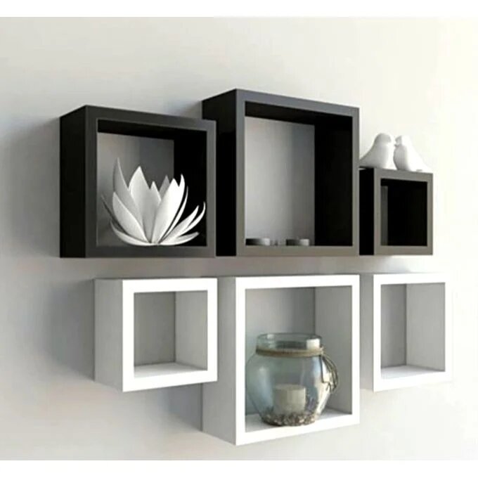 3 رفوف جدارية مربعة خشب MDF للديكور - أبيض/أسود - Lot de 3 Étagères Murales Carrées en Bois MDF - Décoration Moderne