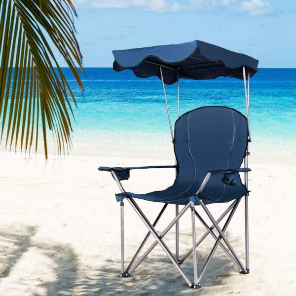 كرسي استرخاء قابل للطي مع حامل أكواب ومظلة شمسية - Chaise Longue Pliable avec Porte-Gobelet et Ombrelle Intégrée