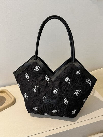 حقيبة كتف بنمط زهري مع تصميم رقعة حروف - Sac à bandoulière à motif floral avec motif de patch de lettre