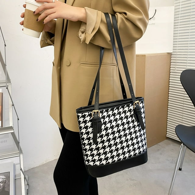 حقيبة كتف نسائية مبطنة بتصميم مربعات عتيق سعة كبيرة - Sac à bandoulière pied-de-poule Vintage pour femmes grande capacité