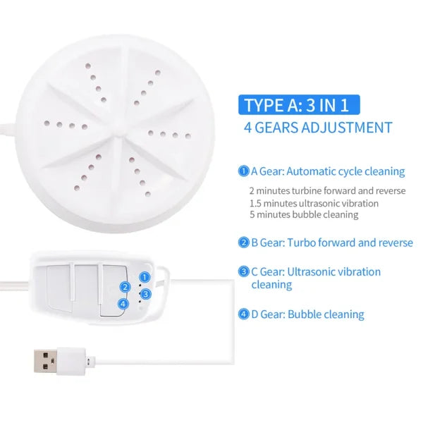 غسالة توربو صغيرة محمولة بالموجات فوق الصوتية USB - Quickdz Shop - Mini Machine à Laver Portable Ultrasons USB 2-en-1 - Quickdz Shop