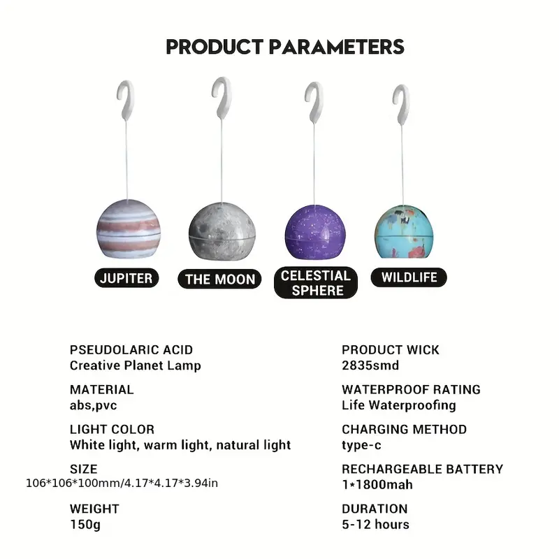 Lampe Led Suspendue En Forme De Boule Décorative, Rechargeable Par Usb, Pour Camping Intérieur Et Extérieur, En Forme De Lune Ou De Terre, 1 Pièce