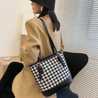 حقيبة كتف نسائية مبطنة بتصميم مربعات عتيق سعة كبيرة - Sac à bandoulière pied-de-poule Vintage pour femmes grande capacité