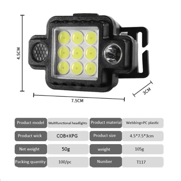 كشاف رأس LED متعدد الوظائف COB+XPG مغناطيسي USB-C من Quickdz Shop - Lampe Frontale LED COB+XPG Multifonction Magnétique USB-C Quickdz Shop