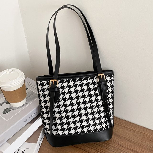 حقيبة كتف نسائية مبطنة بتصميم مربعات عتيق سعة كبيرة - Sac à bandoulière pied-de-poule Vintage pour femmes grande capacité