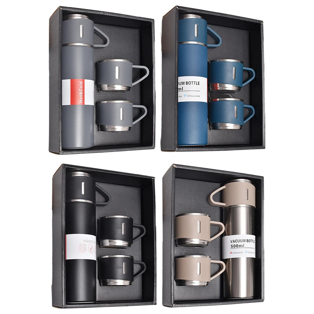 طقم ترمس حراري 500 مل مع 3 أكواب ستانلس ستيل - Ensemble Thermos 500ml avec 3 Tasses Thermiques en Acier Inoxydable