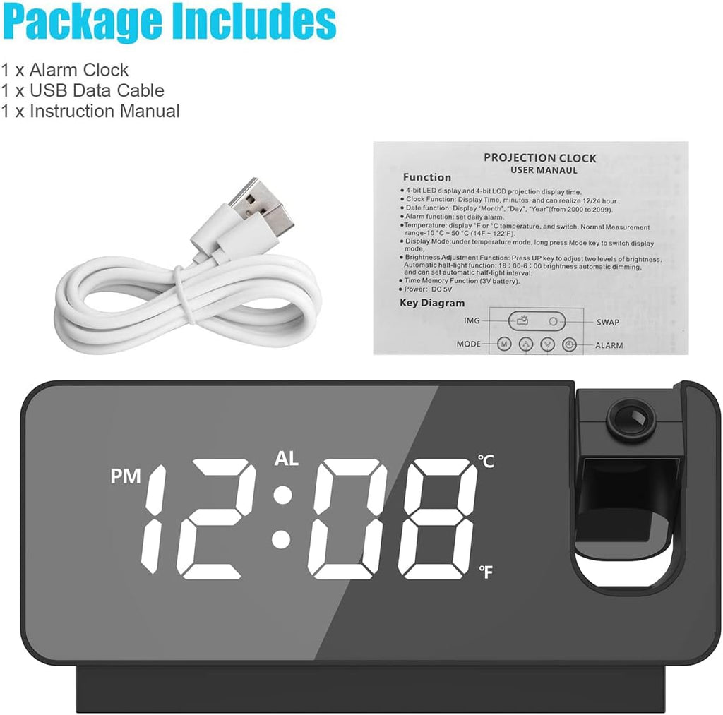 ساعة منبه رقمية LED ذكية مع جهاز عرض 180° ودرجة حرارة USB - Réveil Numérique LED Intelligent avec Projecteur 180° Température USB