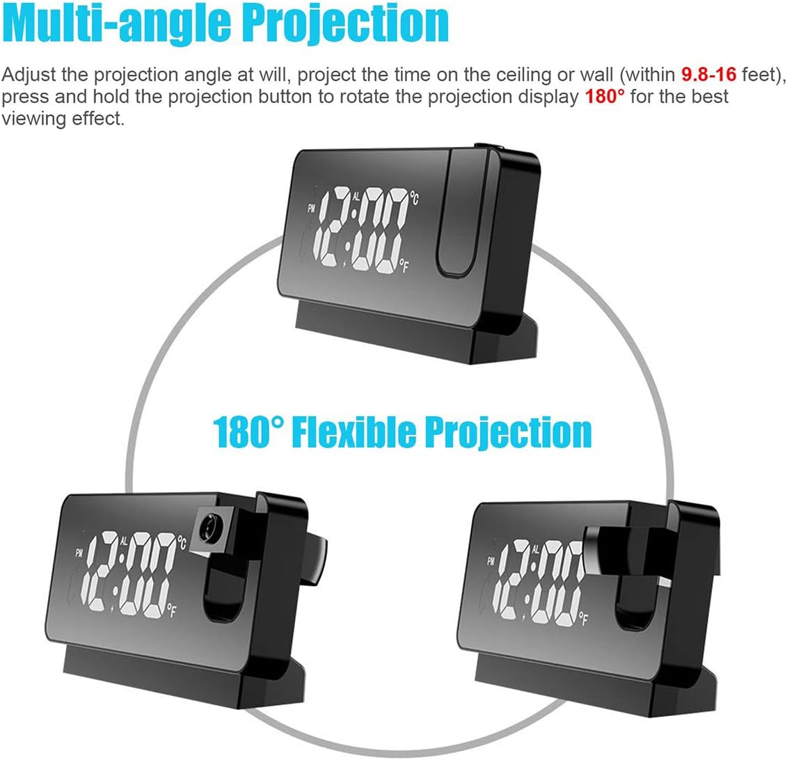ساعة منبه رقمية LED ذكية مع جهاز عرض 180° ودرجة حرارة USB - Réveil Numérique LED Intelligent avec Projecteur 180° Température USB