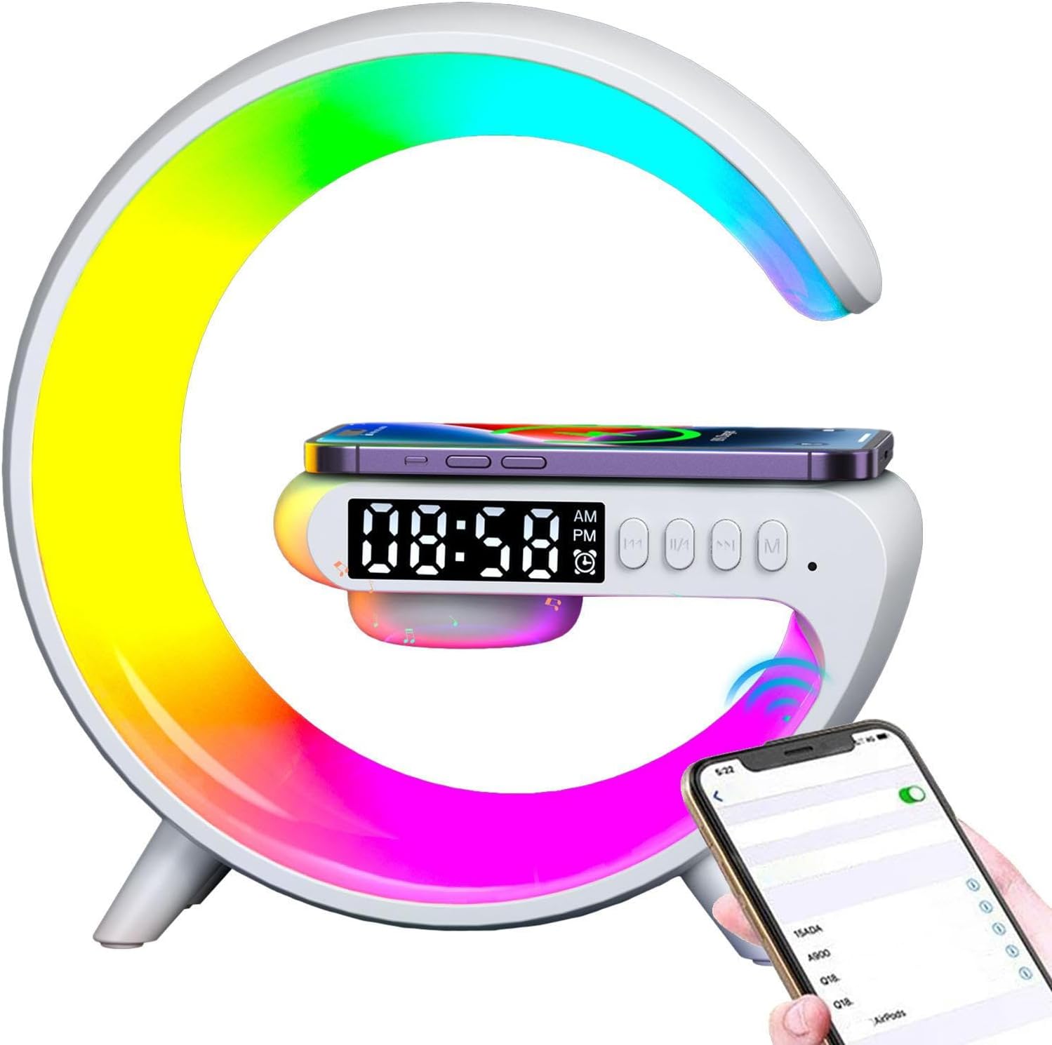 راديو ساعة ذكي G63 مع شحن لاسلكي، بلوتوث ومكبر صوت RGB - أبيض - Réveil Intelligent G63 Bluetooth | Charge Sans Fil 15W | Haut-Parleur RGB - Blanc