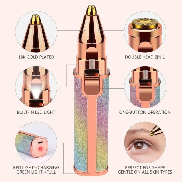 ماكينة حلاقة كهربائية 2 في 1 للنساء قابلة لإعادة الشحن لإزالة شعر الوجه والحواجب بدون ألم - Rasoir Électrique 2-en-1 Femme Rechargeable Épilateur Facial & Sourcils Indolore