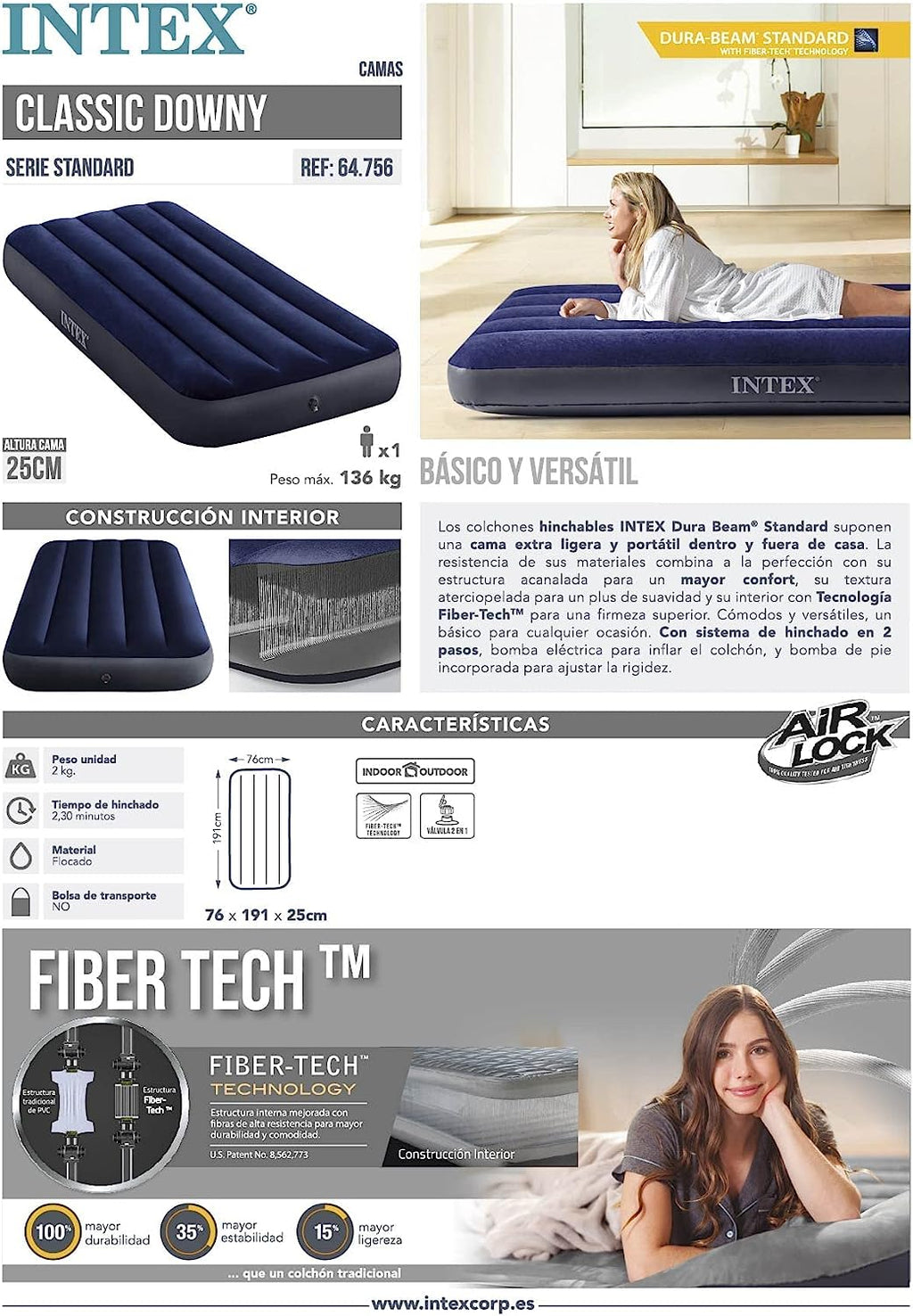 مرتبة هوائية INTEX 64756 بتقنية Fiber-Tech 191×76×25 سم - Matelas gonflable INTEX 64756 Fiber-Tech Technology 191×76×25cm