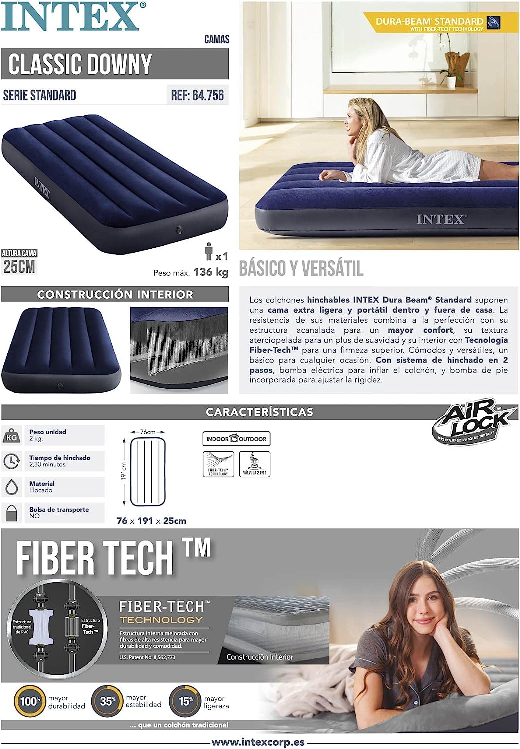 مرتبة هوائية INTEX 64756 بتقنية Fiber-Tech 191×76×25 سم - Matelas gonflable INTEX 64756 Fiber-Tech Technology 191×76×25cm