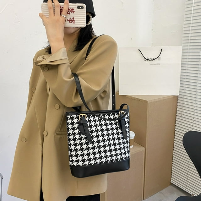 حقيبة كتف نسائية مبطنة بتصميم مربعات عتيق سعة كبيرة - Sac à bandoulière pied-de-poule Vintage pour femmes grande capacité