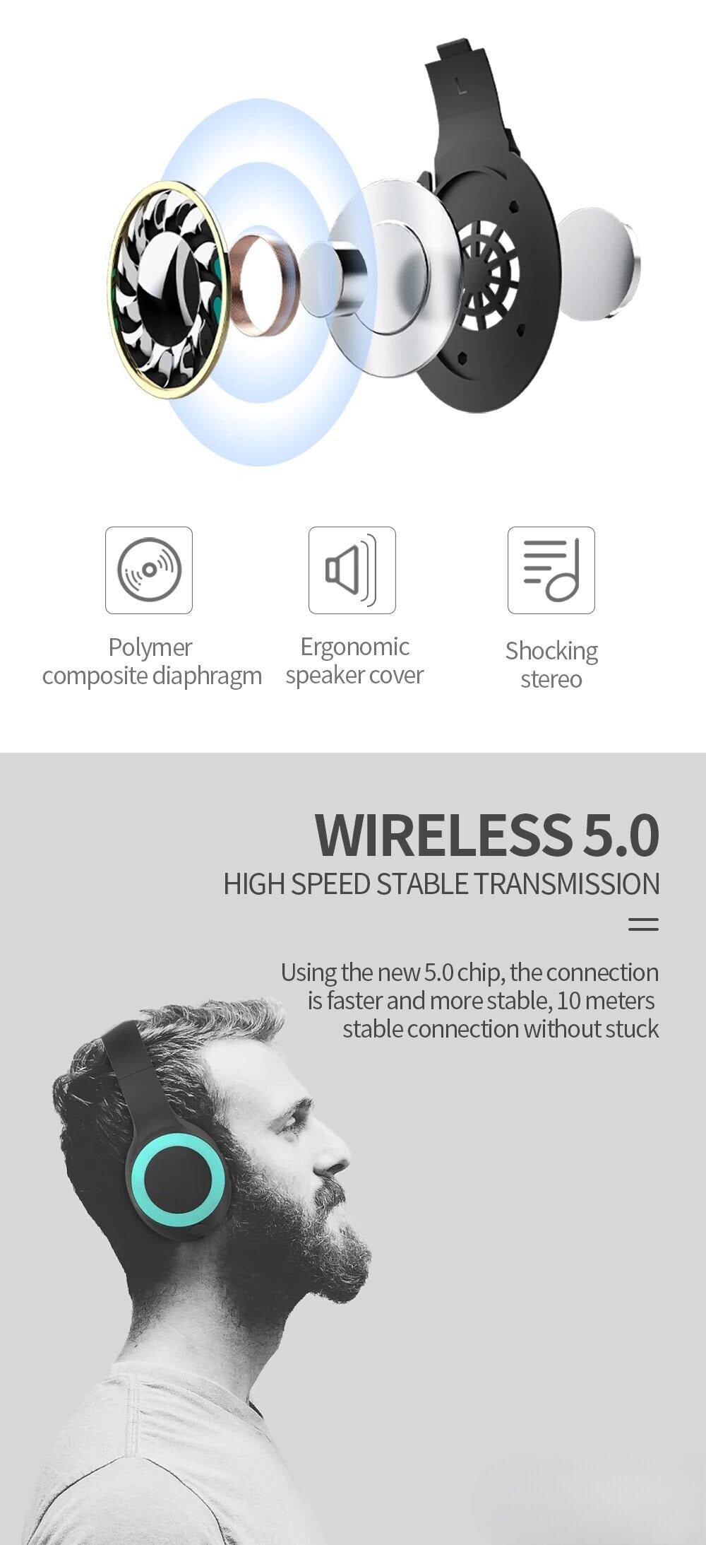 Casque Bluetooth sans fil stéréo Hifi , microphone intégré, Souple DUNTH DU-B130