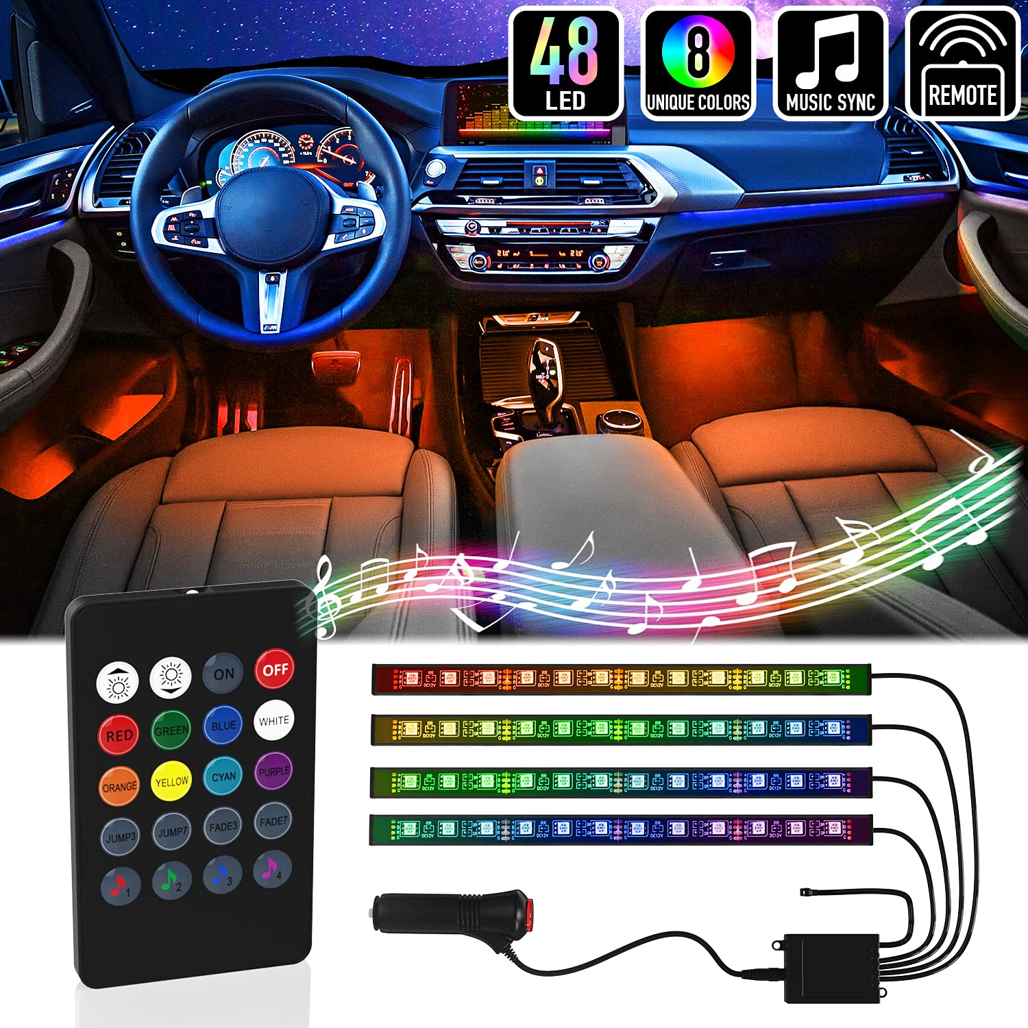 طقم إضاءة LED RGB داخلية للسيارة - 4 شرائط، 48 لمبة - Kit de Bandes Lumineuses LED RGB pour Intérieur de Voiture - 4 Bandes, 48 LED