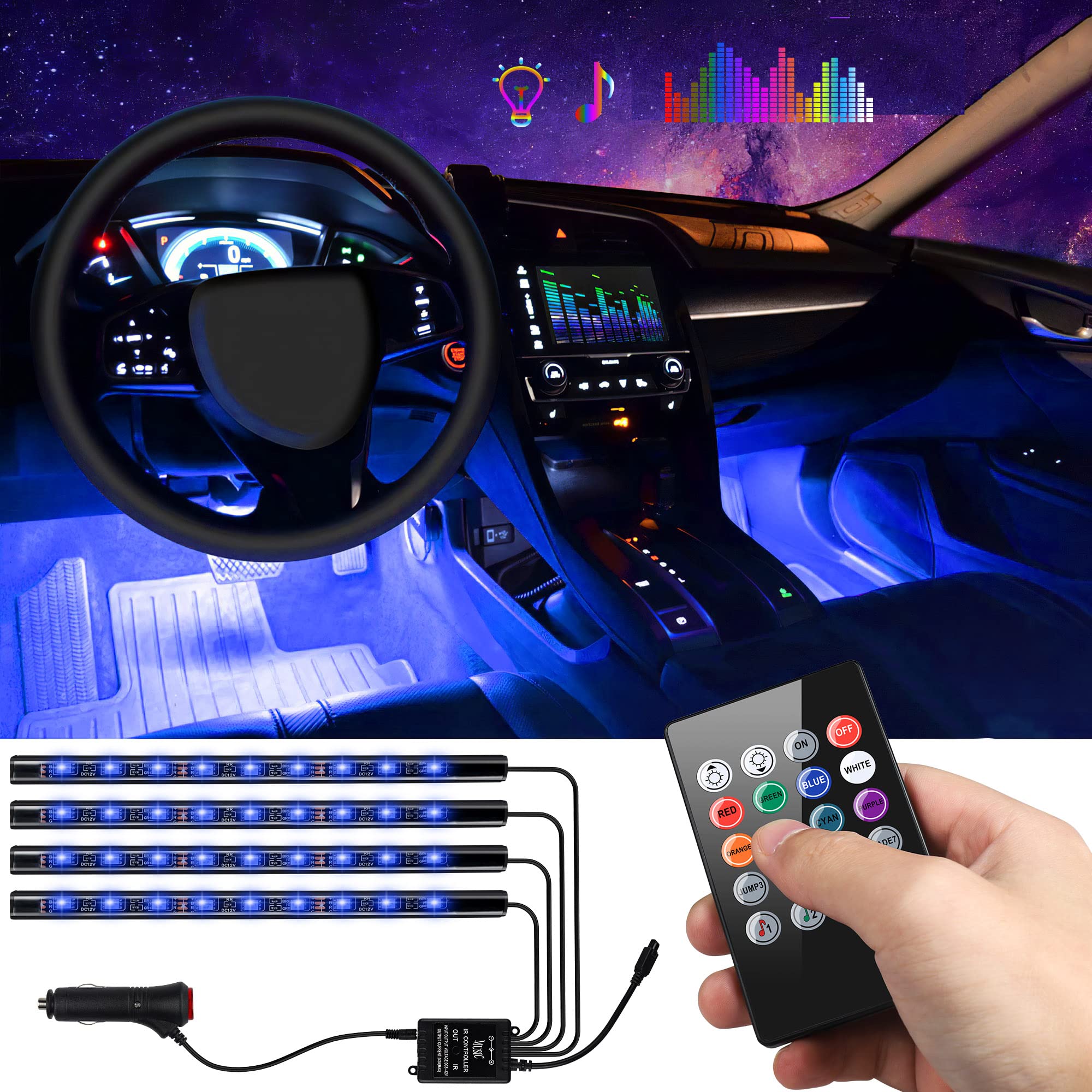إضاءة داخلية للسيارة LED RGB 48 مصباح - مزامنة موسيقية - Éclairage Intérieur Voiture LED RGB 48 LED - Synchronisation Musique