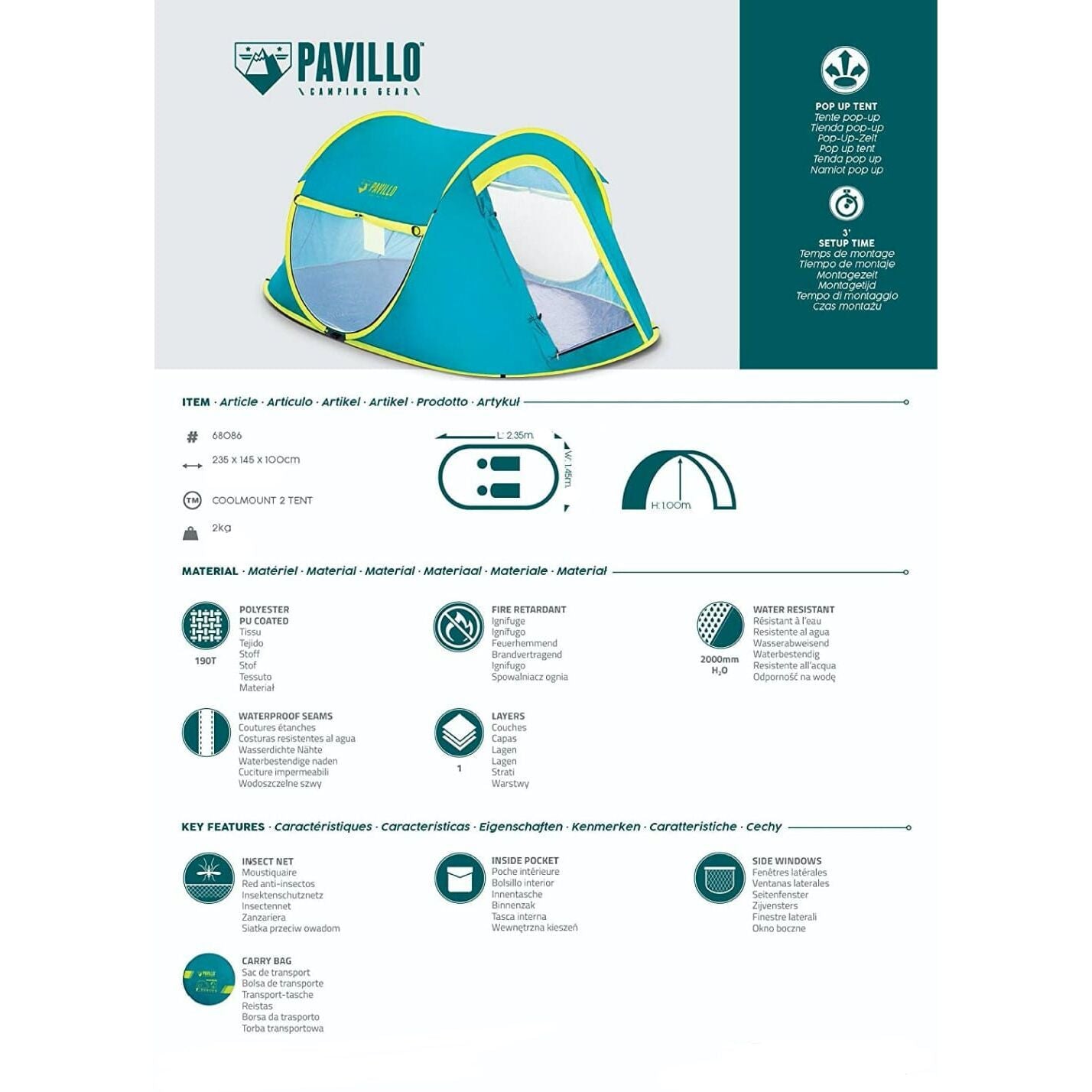 خيمة تخييم فورية لشخصين بافيلو بيست واي 68086 - 235x145x100 سم - Tente de Randonnée Pop-up 2 Personnes Pavillo Bestway 68086 - 235x145x100 cm