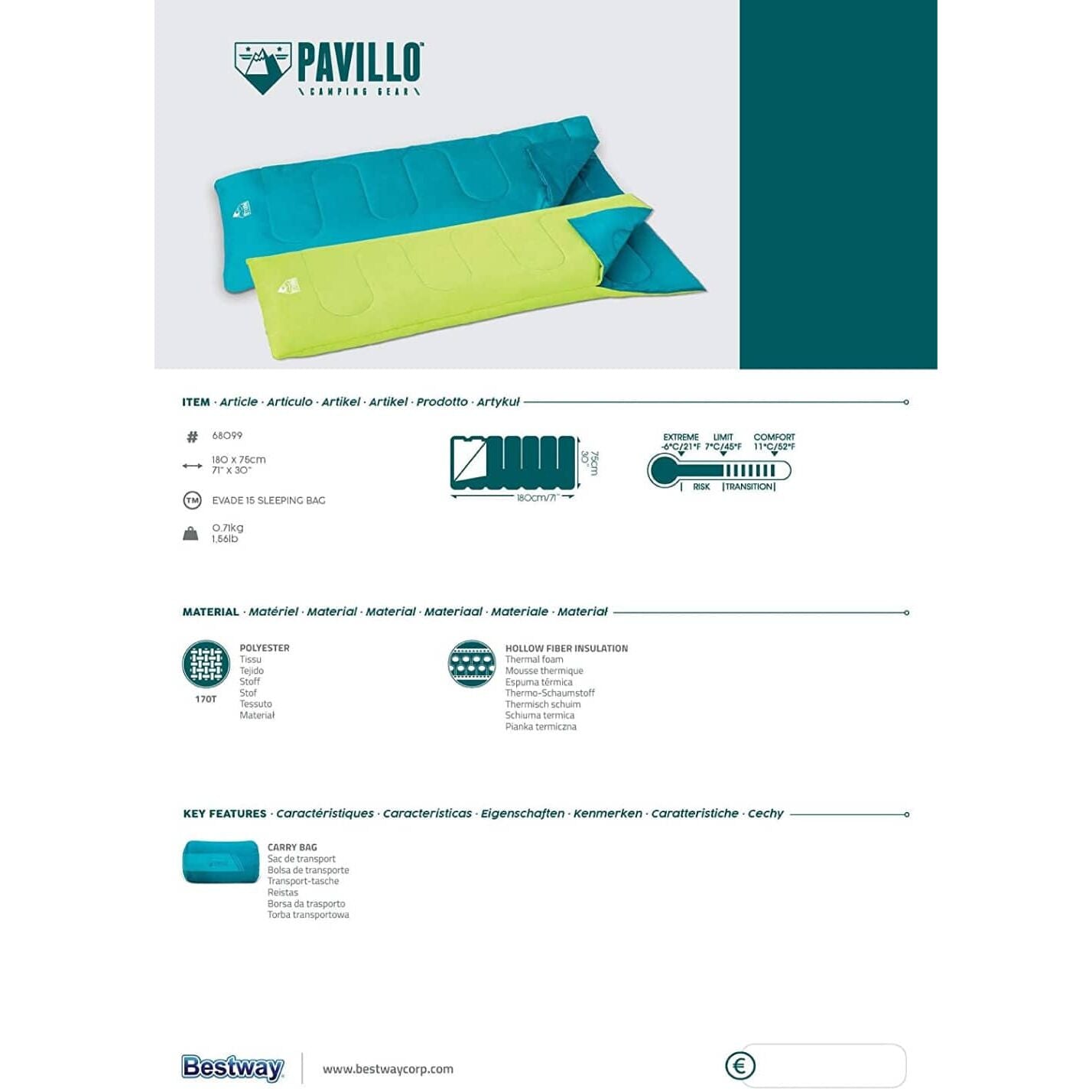 كيس نوم بافيلو بيست واي مريح 7-11°C 180x75سم #68099 - Sac de Couchage Pavillo Bestway Confortable 7-11°C 180x75cm #68099