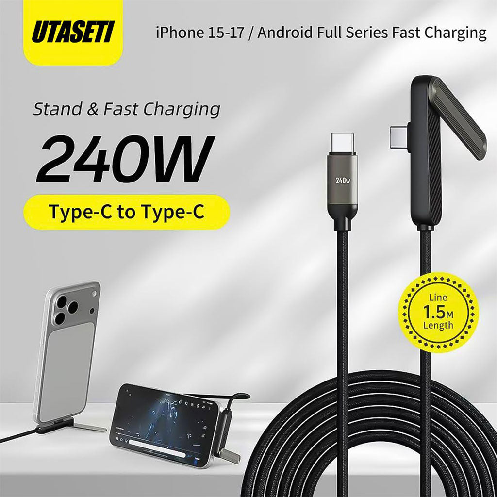 كابل شحن USB-C فائق السرعة 240 واط مع حامل هاتف مدمج وموصل 90 درجة - Câble USB-C 240W Ultra Rapide avec Support Téléphone Intégré & Connecteur 90°