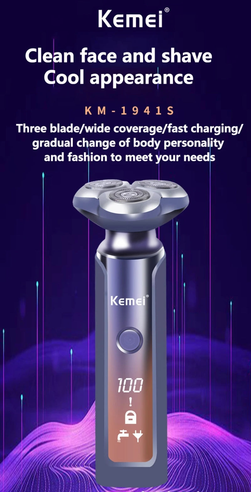 Kemei ماكينة حلاقة كهربائية للجسم للرجال، مقاومة للماء، شاشة LCD، نظام عائم ثلاثي الأبعاد، KM-1941s - Kemei Rasoir Électrique Corps Homme, Étanche, Écran LCD, Système Flottant 3D, KM-1941s