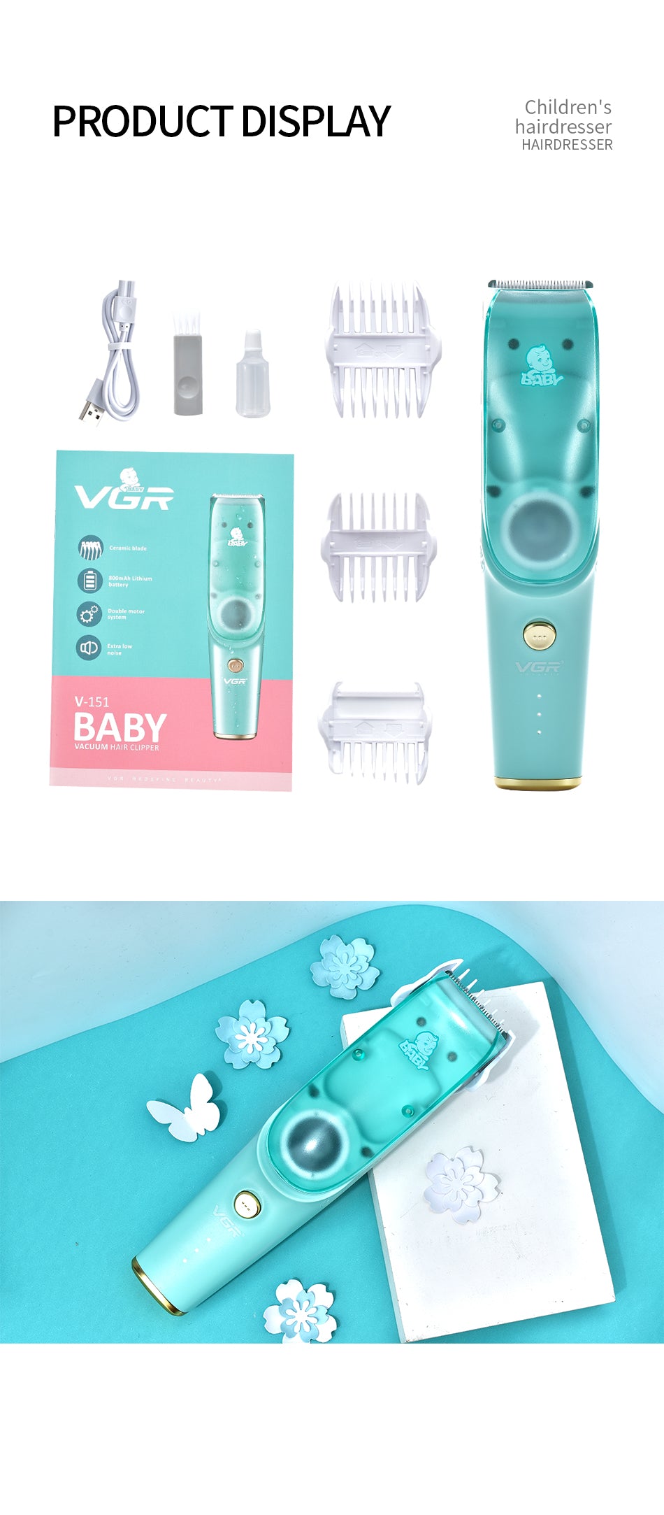 ماكينة حلاقة شعر الأطفال VGR V-151 صامتة بشفط تلقائي وشاشة رقمية - Tondeuse Cheveux Bébé VGR V-151 Silencieuse, Aspiration Auto, Écran Digital