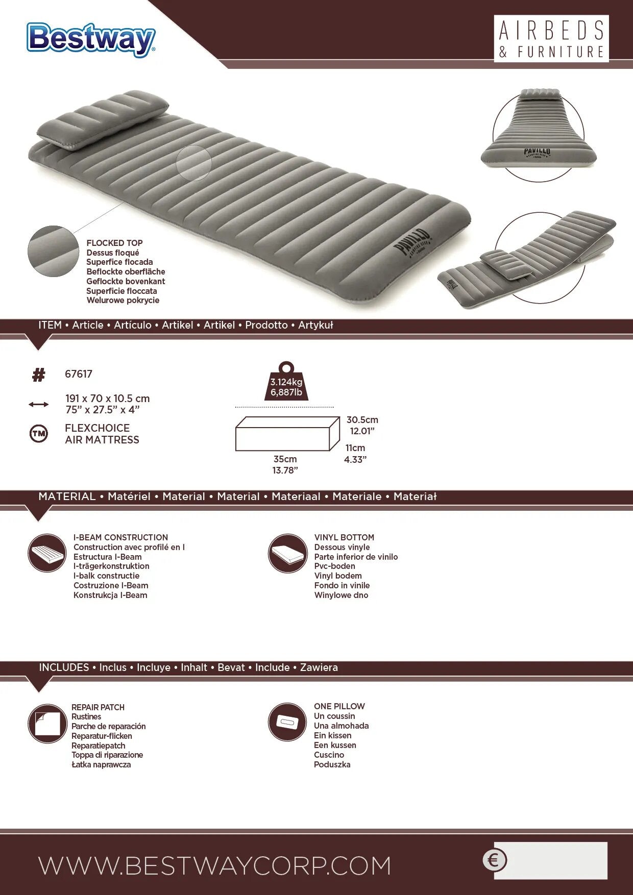 مرتبة هوائية متعددة الوظائف 1 فرد مع وسادتين Bestway Pavillo 67617 - Matelas Gonflable Multifonction 1 Place avec 2 Oreillers Bestway Pavillo 67617