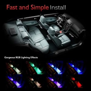 طقم إضاءة LED RGB داخلية للسيارة - 4 شرائط، 48 لمبة - Kit de Bandes Lumineuses LED RGB pour Intérieur de Voiture - 4 Bandes, 48 LED