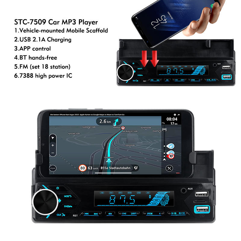 راديو سيارة STC بلوتوث 1 DIN FM USB SD AUX-in مع حامل هاتف وشحن سريع MP3-7509 - Autoradio STC Bluetooth 1 DIN FM USB SD AUX-in avec Support Téléphone & Charge Rapide MP3-7509