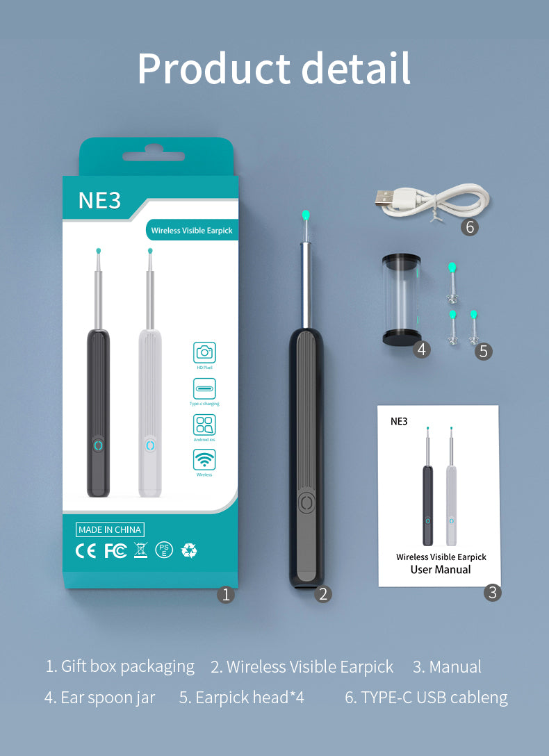 منظار الأذن اللاسلكي الذكي NE3 مع كاميرا وضوء LED - Kit de nettoyage d'oreilles intelligent sans fil NE3 avec caméra et LED