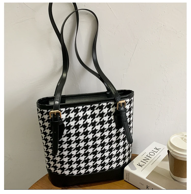 حقيبة كتف نسائية مبطنة بتصميم مربعات عتيق سعة كبيرة - Sac à bandoulière pied-de-poule Vintage pour femmes grande capacité