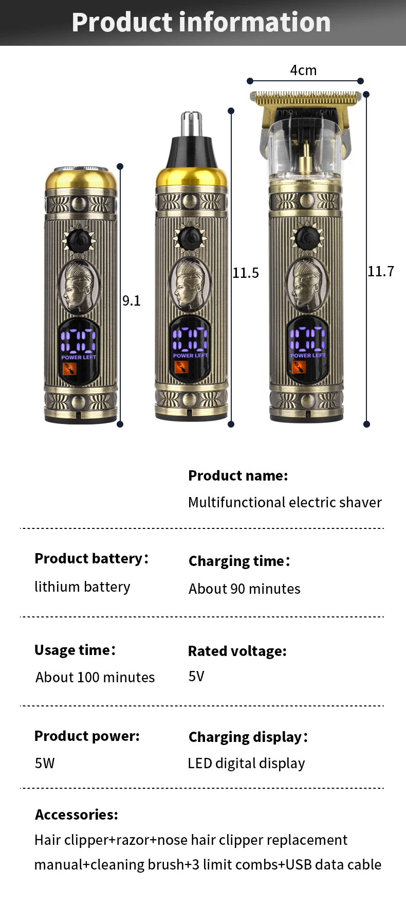 ماكينة حلاقة احترافية 3 في 1 مقاومة للماء USB - Rasoir Professionnel Multifonction 3-en-1 Étanche USB