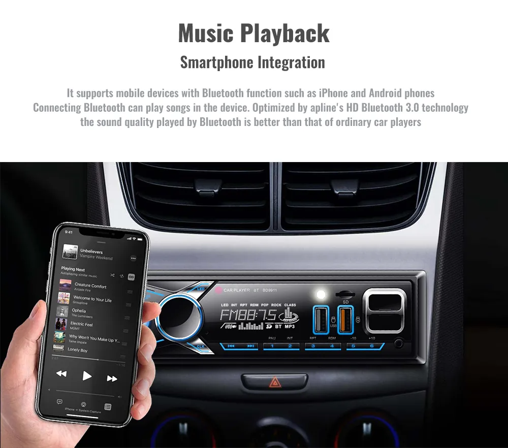 راديو سيارة 1DIN بلوتوث مع حامل هاتف مدمج FM/SD/TF/2USB 12V - Autoradio 1DIN Bluetooth avec Support Téléphone Intégré FM/SD/TF/2USB 12V