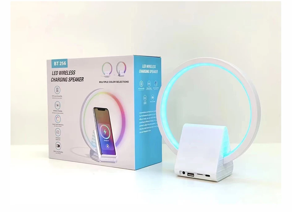 Lampe de chevet avec chargeur sans fil, haut-parleurs Bluetooth rechargeables support de charge rapide, 15W BT-256