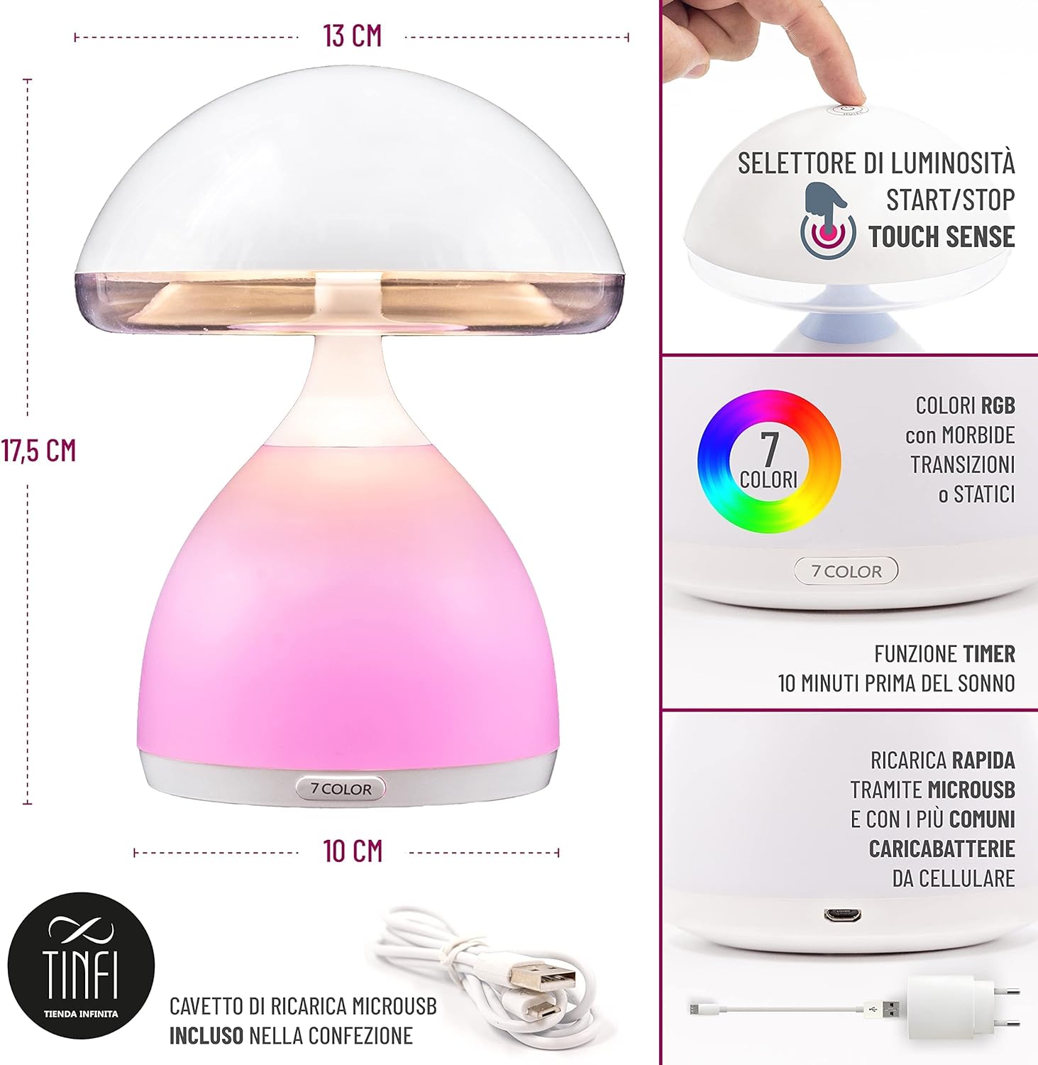 Lampe de chevet LED à capteur tactile Champignon à intensité variable RGB