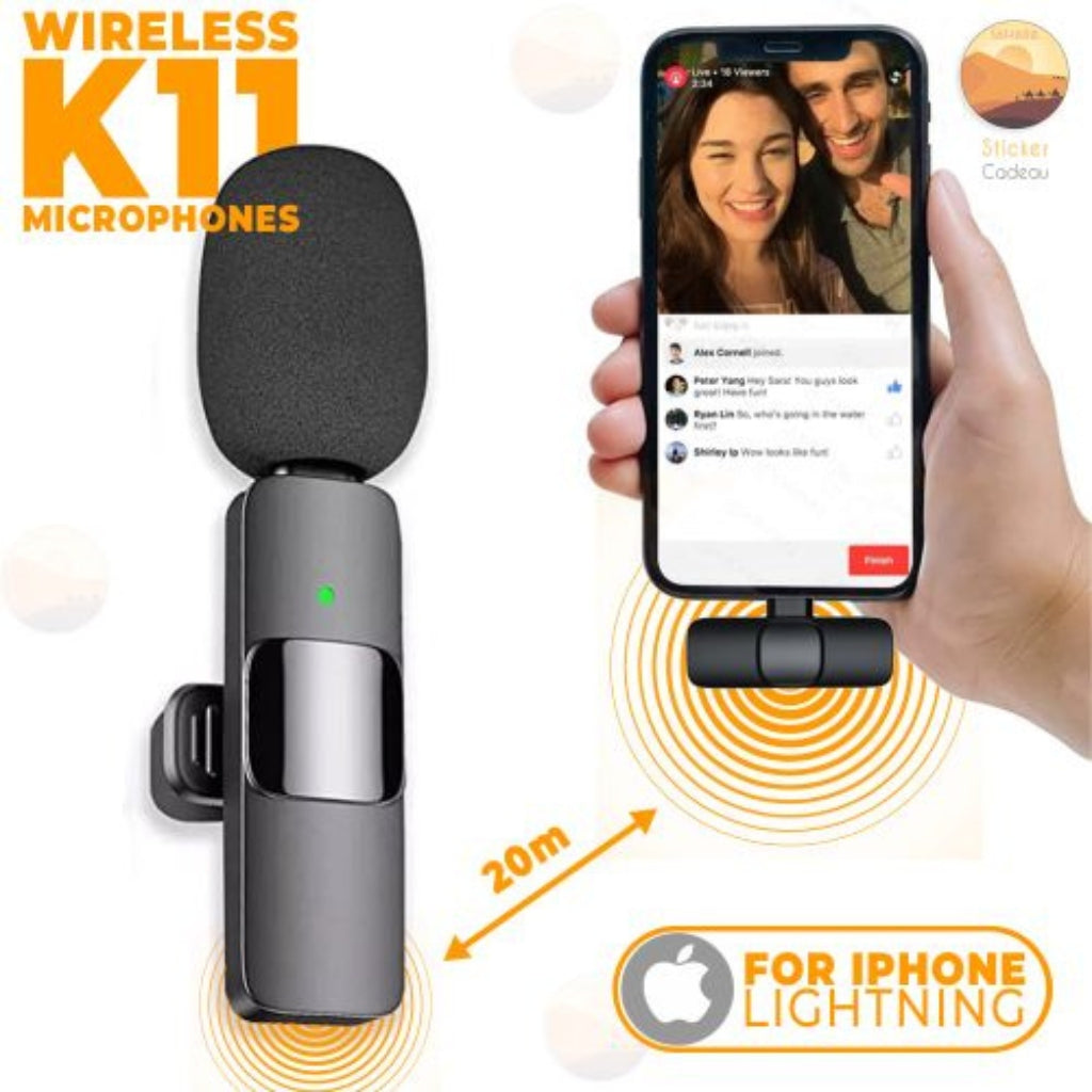 ميكروفون K11 لاسلكي كليب للتسجيل (أندرويد/آيفون) - Microphone Cravate Sans Fil K11 pour Enregistrement Audio Vidéo (Android/iPhone)