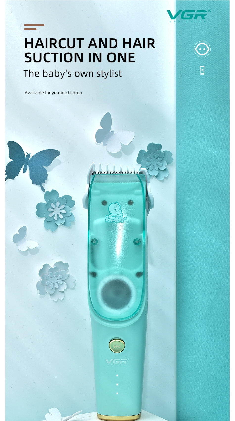 ماكينة حلاقة شعر الأطفال VGR V-151 صامتة بشفط تلقائي وشاشة رقمية - Tondeuse Cheveux Bébé VGR V-151 Silencieuse, Aspiration Auto, Écran Digital