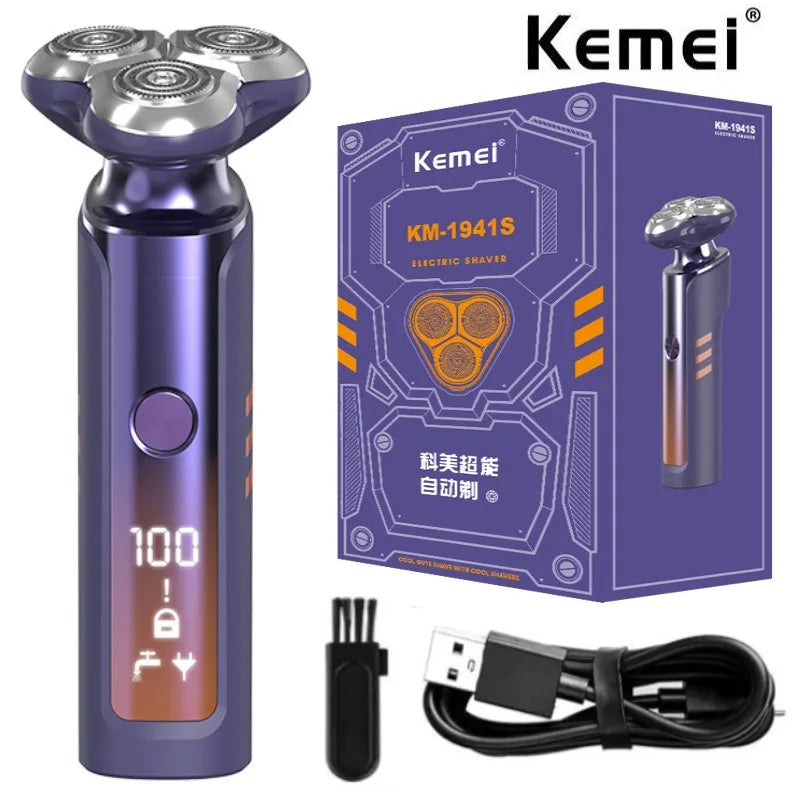 Kemei ماكينة حلاقة كهربائية للجسم للرجال، مقاومة للماء، شاشة LCD، نظام عائم ثلاثي الأبعاد، KM-1941s - Kemei Rasoir Électrique Corps Homme, Étanche, Écran LCD, Système Flottant 3D, KM-1941s