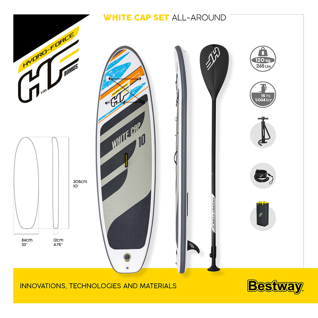 لوح تجديف قابل للنفخ Hydro-Force White Cap Bestway 65342 مع مضخة وحقيبة ظهر - Paddle Gonflable Hydro-Force White Cap Bestway 65342 avec Pompe et Sac à Dos