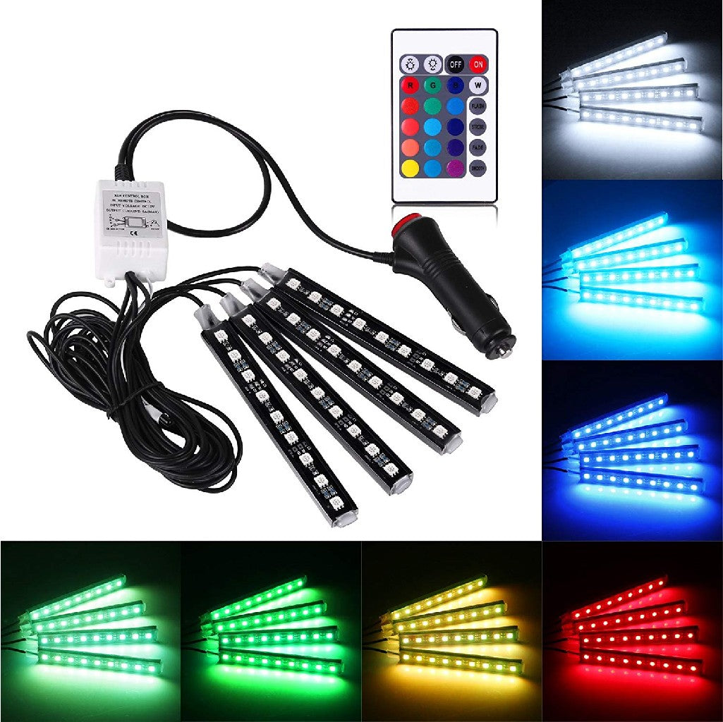 طقم إضاءة LED RGB داخلية للسيارة - 4 شرائط، 48 لمبة - Kit de Bandes Lumineuses LED RGB pour Intérieur de Voiture - 4 Bandes, 48 LED