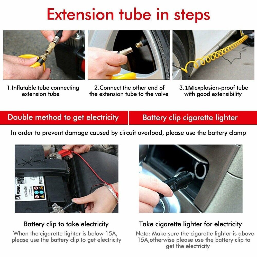 Compresseur automobile à double piston, 70 L/min, tuyau de 3 mètres, 12 V