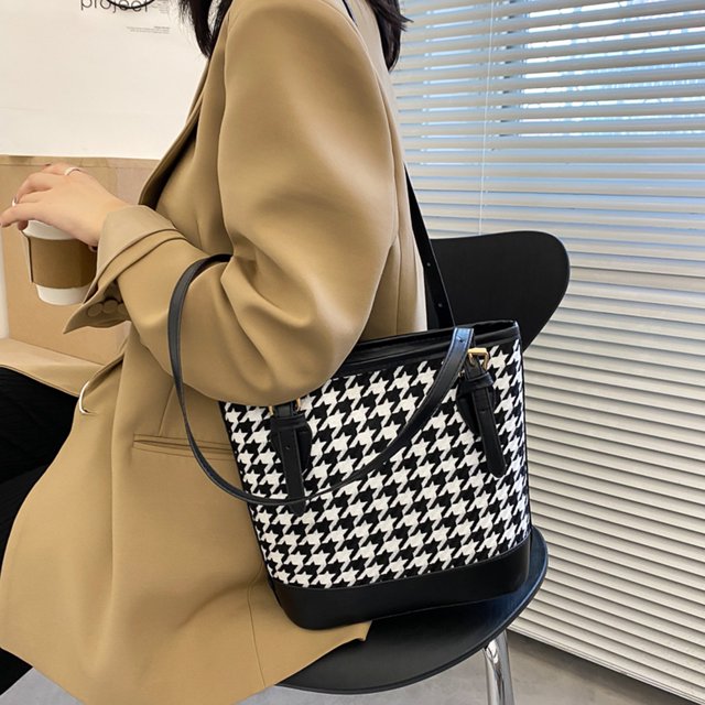 حقيبة كتف نسائية مبطنة بتصميم مربعات عتيق سعة كبيرة - Sac à bandoulière pied-de-poule Vintage pour femmes grande capacité