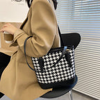 حقيبة كتف نسائية مبطنة بتصميم مربعات عتيق سعة كبيرة - Sac à bandoulière pied-de-poule Vintage pour femmes grande capacité