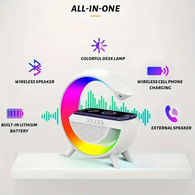 مصباح مكتبي ذكي RGB نوع Big G مع شاحن لاسلكي وسماعة بلوتوث 5.2 | HM-3201 - Lampe de Chevet Intelligente RGB Type Big G | Chargeur Sans Fil & Enceinte Bluetooth 5.2 | HM-3201