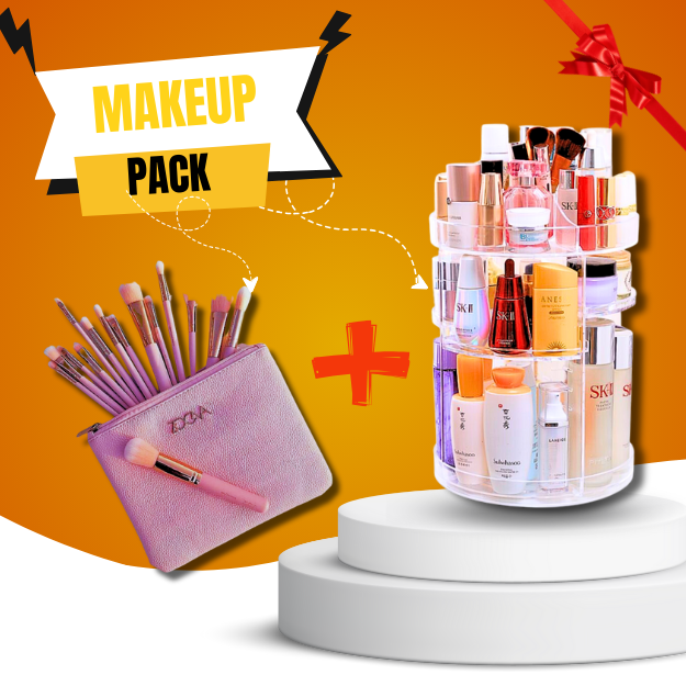 بكج منظم مكياج دوار 360° + طقم فرش مكياج زويفا 15 قطعة - Pack Organisateur Maquillage Rotatif 360° + Trousse 15 Pinceaux Zoeva Pro
