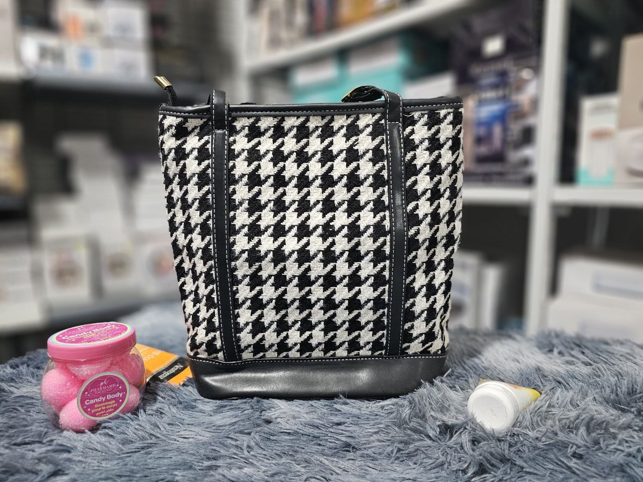 حقيبة كتف نسائية مبطنة بتصميم مربعات عتيق سعة كبيرة - Sac à bandoulière pied-de-poule Vintage pour femmes grande capacité