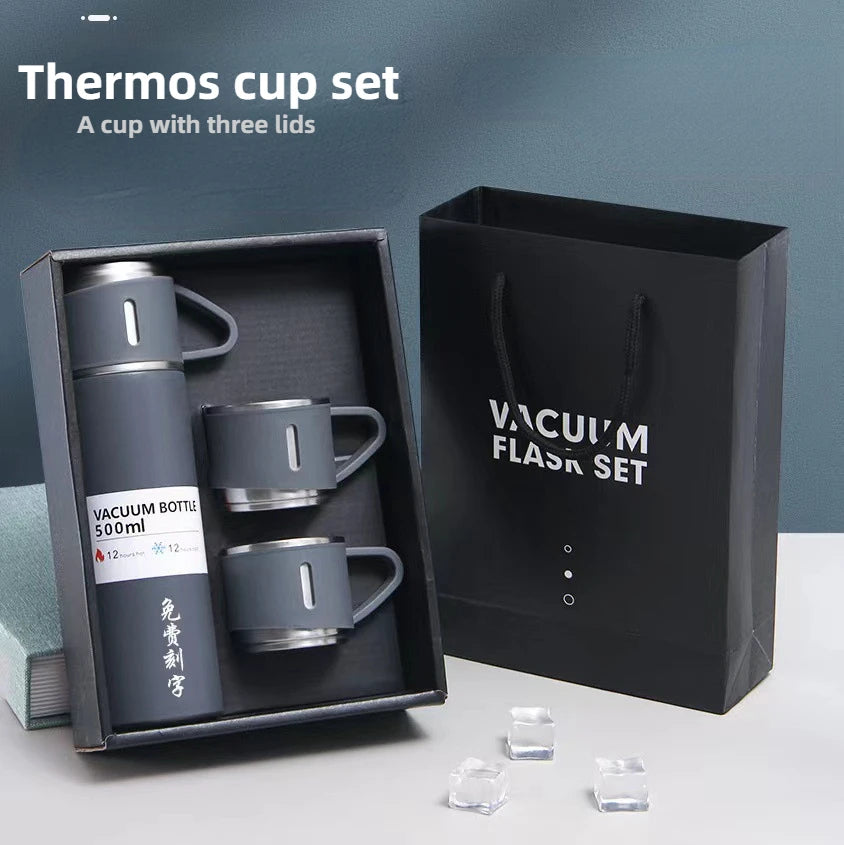 طقم ترمس حراري 500 مل مع 3 أكواب ستانلس ستيل - Ensemble Thermos 500ml avec 3 Tasses Thermiques en Acier Inoxydable