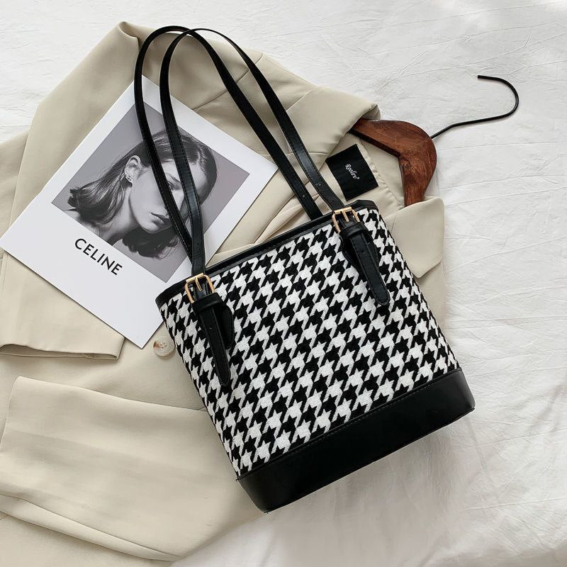 حقيبة كتف نسائية مبطنة بتصميم مربعات عتيق سعة كبيرة - Sac à bandoulière pied-de-poule Vintage pour femmes grande capacité