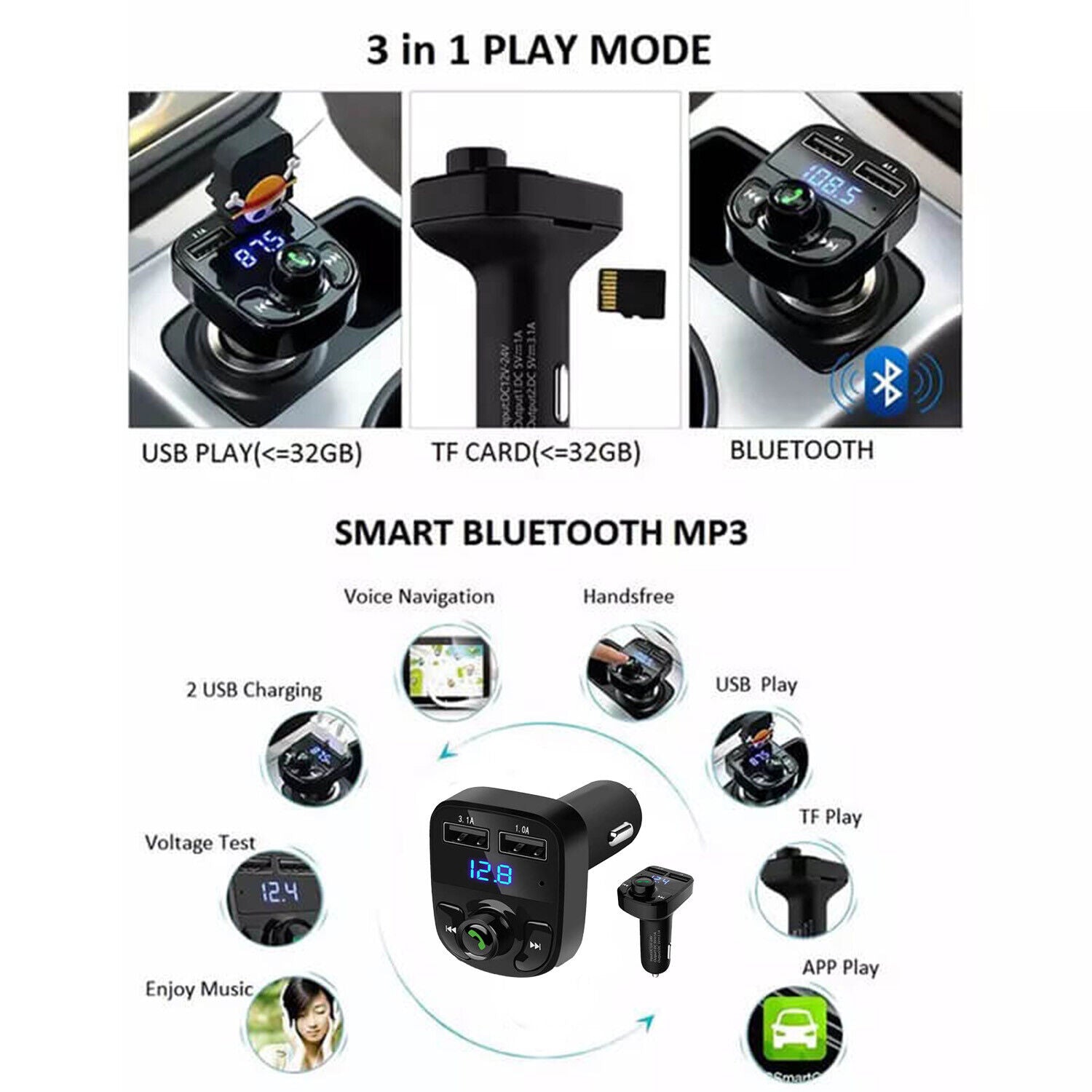 جهاز إرسال FM بلوتوث لاسلكي للسيارة X8 مع شاحن USB سريع ومشغل MP3 - Transmetteur FM Bluetooth Sans Fil X8 pour Voiture avec Chargeur USB Rapide et Lecteur MP3